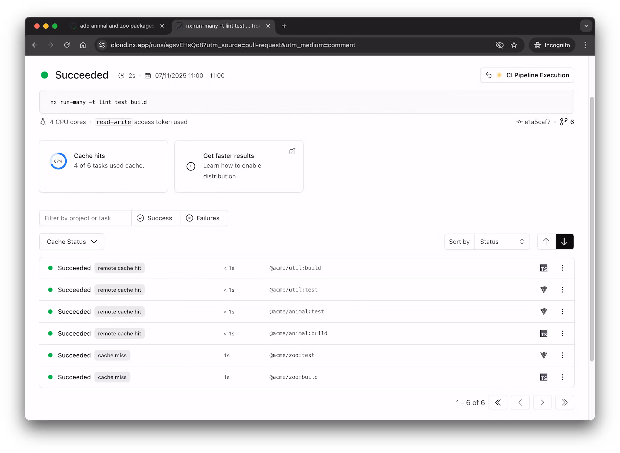 Nx Cloud run showing remote cache hits